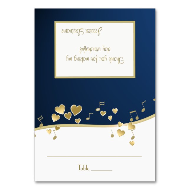 Navy Blue und Gold Hearts Music Cards Tischnummer (Vorderseite)