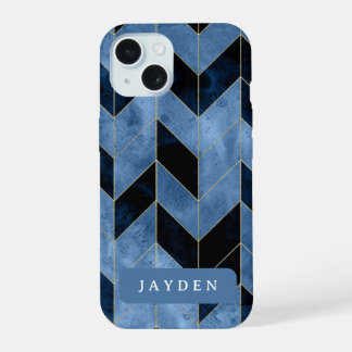 Navy Blue und Gold Herringbone-Individuelle Name iPhone 15 Hülle