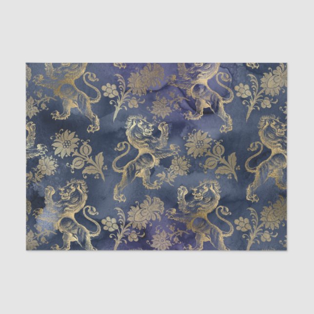 Navy Blue und Gold Lion Floral Seidenpapier (Vorderseite)