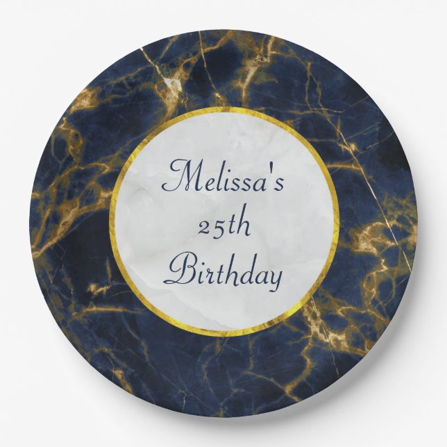 Navy Blue und Gold Marble Moderne Stilvolle Geburt Pappteller (Vorderseite)