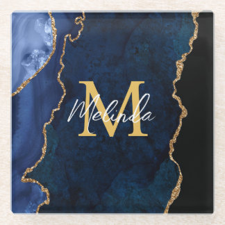 Navy Blue und Gold Marmor Agate Glasuntersetzer