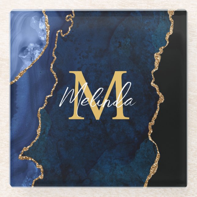 Navy Blue und Gold Marmor Agate Glasuntersetzer (Vorderseite)
