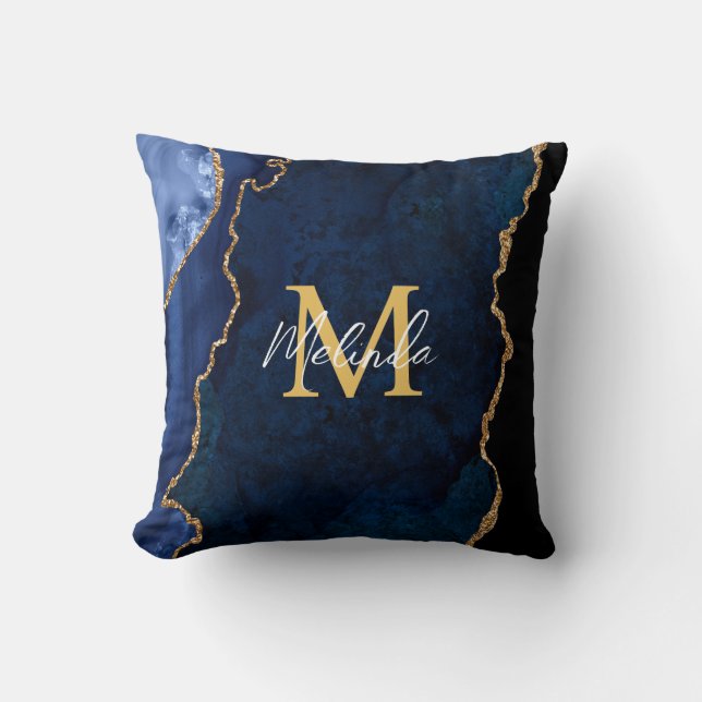 Navy Blue und Gold Marmor Agate Kissen (Vorderseite)