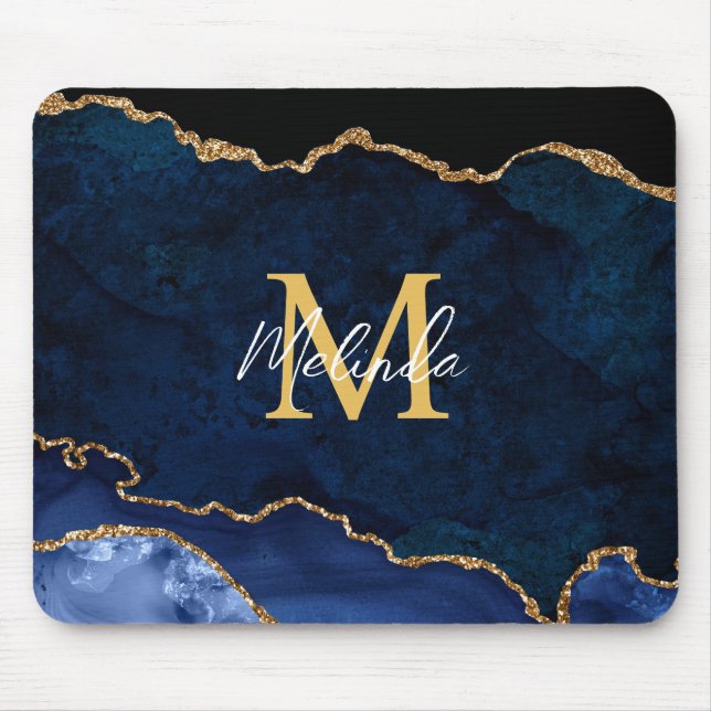 Navy Blue und Gold Marmor Agate Mousepad (Vorne)