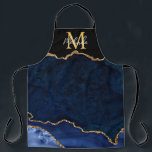 Navy Blue und Gold Marmor Agate Schürze<br><div class="desc">Diese Schürze besticht durch einen eleganten und glamourösen Marmorhintergrund mit geode gemstone Details und Imitaten goldenen Glitzer Akzente. Das Monogramm kombiniert handgeschriebene Skripte mit modernen serifenlosen Schriftart für ein elegantes und raffiniertes Aussehen. Dies wird das ideale Geschenk, da es mit einem Namen und Initial angepasst werden kann. Die tiefen blauen...</div>