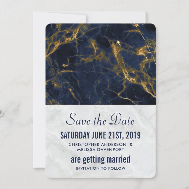 Navy Blue und Gold Marmor Moderne, stilvolle Hochz Save The Date (Vorderseite)
