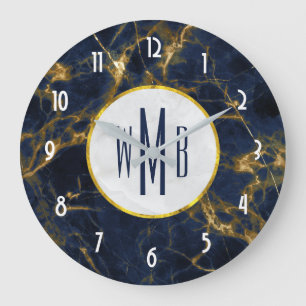 Navy Blue und Gold Marmor Moderne, stilvolle Monog Große Wanduhr