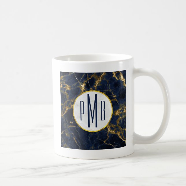 Navy Blue und Gold Marmor Moderne, stilvolle Monog Kaffeetasse (Rechts)