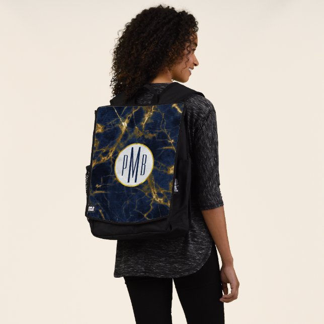 Navy Blue und Gold Marmor Moderne, stilvolle Monog Rucksack (Ausgewaschen)