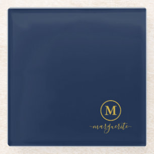 Navy Blue und Gold Monogram Glasuntersetzer