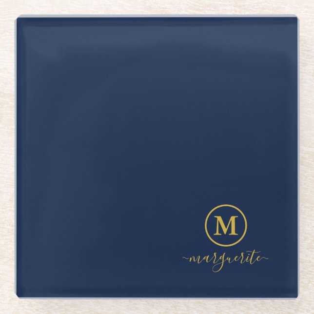Navy Blue und Gold Monogram Glasuntersetzer (Vorderseite)