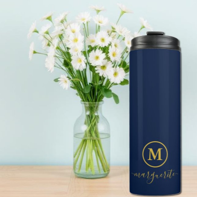 Navy Blue und Gold Monogram Thermosbecher (Von Creator hochgeladen)