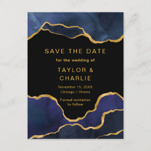 Navy Blue und Gold Painted Agate Save the Date Pos Postkarte