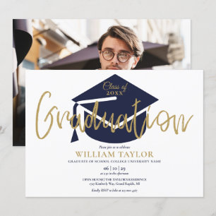Navy-Blue- und Gold-Schriftzug-Foto-Abschlussfeier Einladung