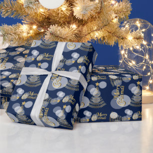 Navy Blue und Gold Scribble Weihnachtsbaum Geschenkpapier