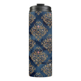 Navy Blue und Gold Vintag Damask Muster Thermosbecher