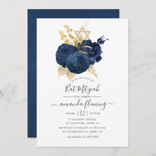 Navy Blue und Gold Vintage Rose Bat Mitzvah Einladung