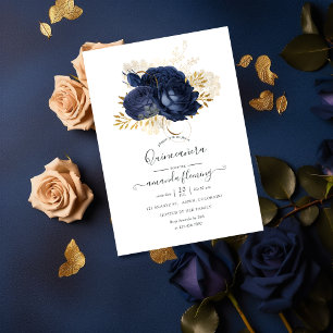 Navy Blue und Gold Vintage Rose Quinceañera Einladung