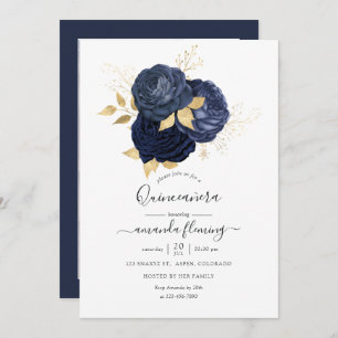 Navy Blue und Gold Vintage Rose Quinceañera Foto Einladung