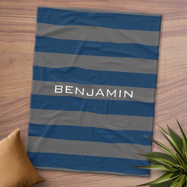 Navy Blue und Grau Rugby Streifen mit Individuelle Fleecedecke (Personalized Fleece Blanket - Add Photos and Text)