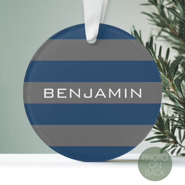 Navy Blue und Grau Rugby Streifen mit Individuelle Ornament (Personalized Photo Ornament)