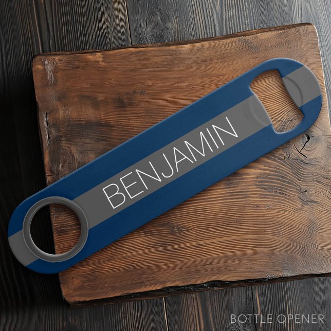 Navy Blue und Grau Rugby Streifen mit Individuelle Speed Flaschenöffner (Custom Bar Key)