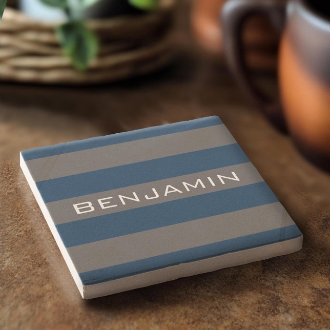 Navy Blue und Grau Rugby Streifen mit Individuelle Steinuntersetzer (Custom Stone Coaster)