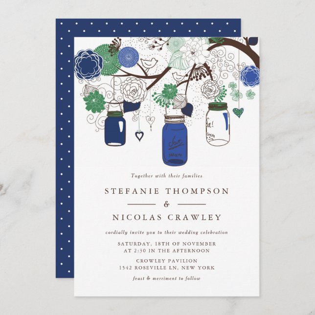 Navy Blue und Green Hanging Mason Jars Wedding Einladung (Vorne/Hinten)