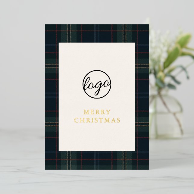 Navy Blue und Green Kariert Business Weihnachten Folien Feiertagskarte (Stehend vorne)