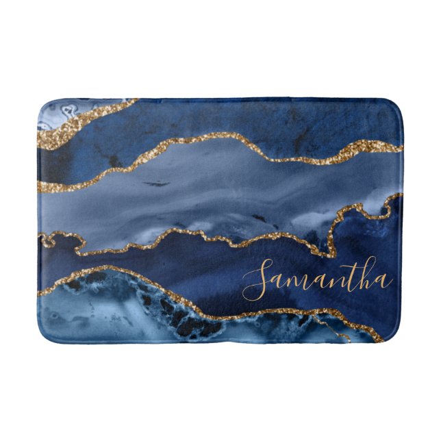 Navy Blue und Imitate Gold Glitzer Marble Agate Badematte (Vorderseite)