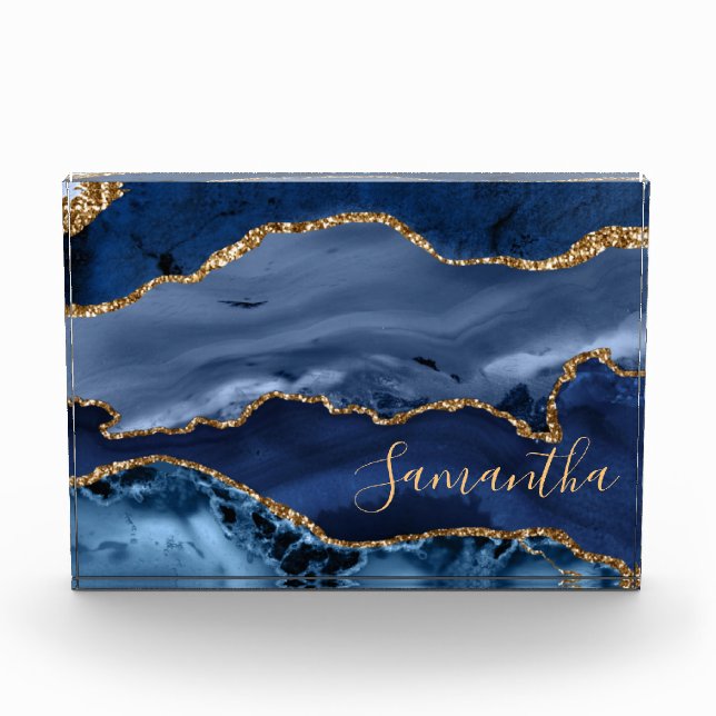 Navy Blue und Imitate Gold Glitzer Marble Agate Fotoblock (Vorderseite)