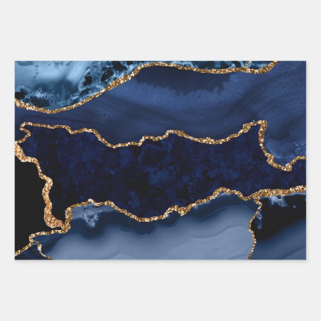 Navy Blue und Imitate Gold Glitzer Marble Agate Geschenkpapier Set (Vorderseite)