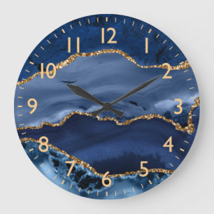Navy Blue und Imitate Gold Glitzer Marble Agate Große Wanduhr