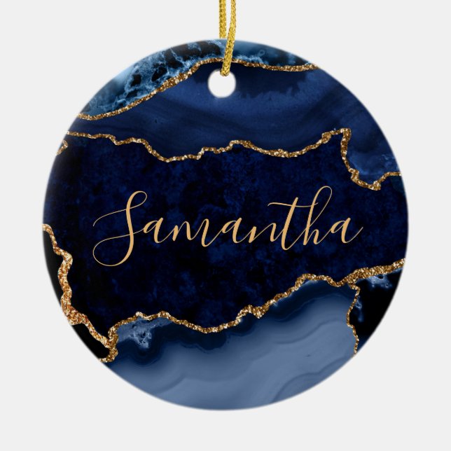 Navy Blue und Imitate Gold Glitzer Marble Agate Keramik Ornament (Vorne)