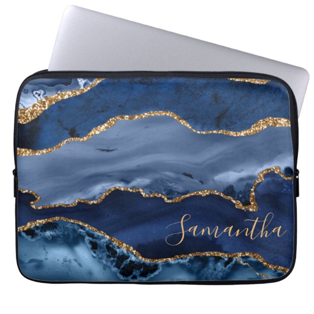 Navy Blue und Imitate Gold Glitzer Marble Agate Laptopschutzhülle (Vorderseite)