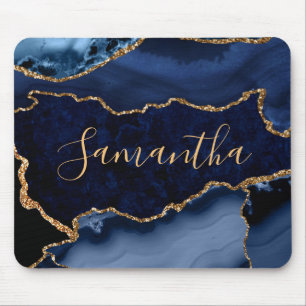Navy Blue und Imitate Gold Glitzer Marble Agate Mousepad