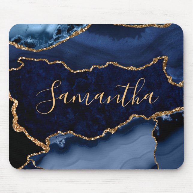 Navy Blue und Imitate Gold Glitzer Marble Agate Mousepad (Vorne)