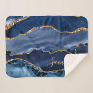 Navy Blue und Imitate Gold Glitzer Marble Agate Sherpadecke