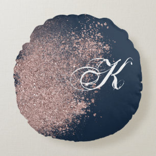 Navy Blue und Imitate Rose Gold Glitzer Monogramm Rundes Kissen