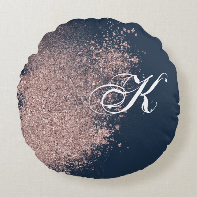 Navy Blue und Imitate Rose Gold Glitzer Monogramm Rundes Kissen (Vorderseite)