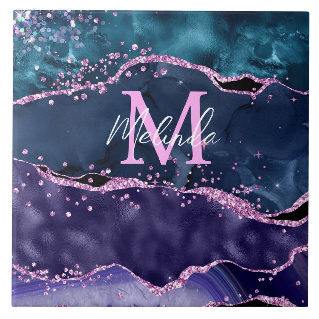 Navy Blue und Lila Glitzer Ocean Agate Fliese (Vorderseite)