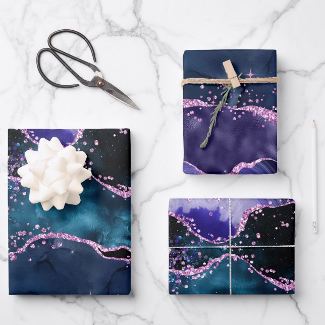 Navy Blue und Lila Glitzer Ocean Agate Geschenkpapier Set (Vorderseite)