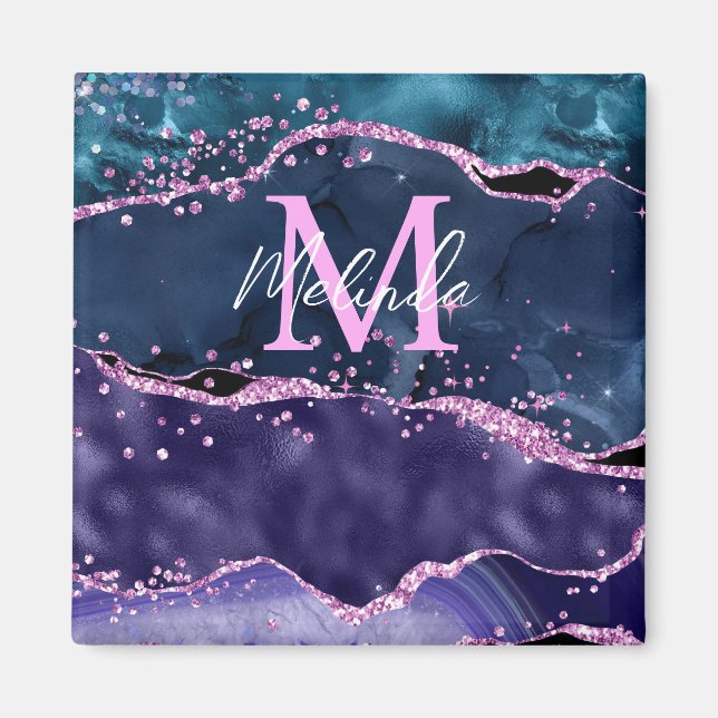 Navy Blue und Lila Glitzer Ocean Agate Magnet (Vorne)