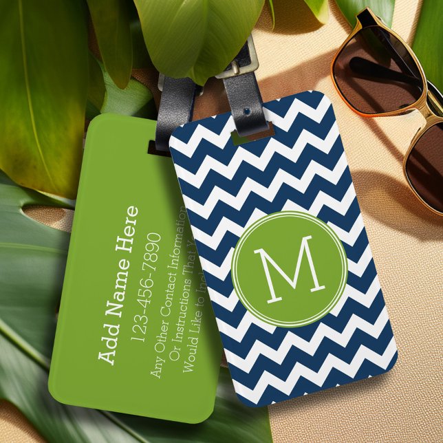 Navy Blue und Lime Green Chevrons Custom Monogram Gepäckanhänger (Personalized luggage tag - Add Your contact information and monogram)