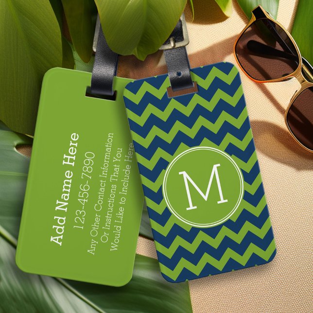 Navy Blue und Lime Green Chevrons Custom Monogram Gepäckanhänger (Custom Monogram Luggage Tag)