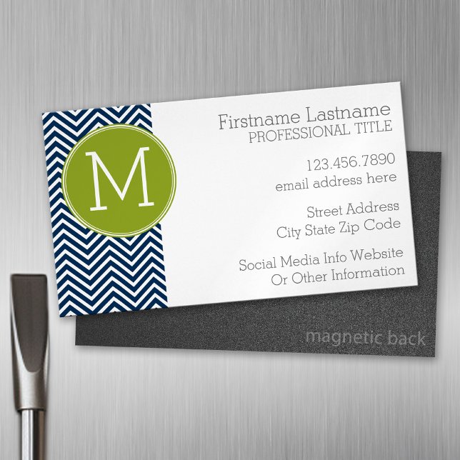 Navy Blue und Lime Green Chevrons Custom Monogram Magnetische Visitenkarte (Custom Business Card Magnet)