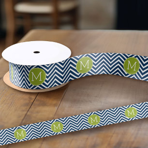 Navy Blue und Lime Green Chevrons Custom Monogram Satinband