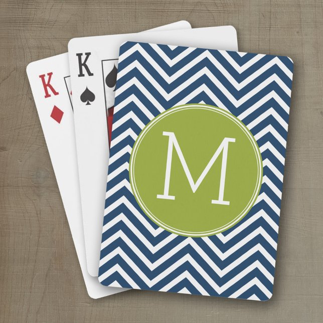 Navy Blue und Lime Green Chevrons Custom Monogram Spielkarten (Personalized playing cards with an area for text such as a name or monogram)