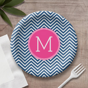 Navy Blue und Magenta Chevrons Custom Monogram Pappteller