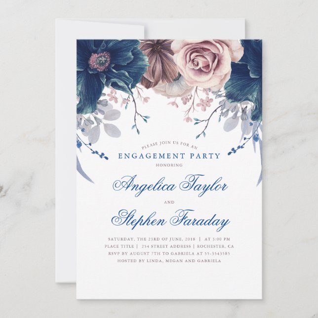 Navy Blue und Mauve Floral Engagement Party Einladung (Vorderseite)